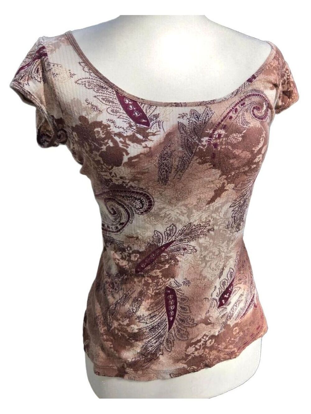 Vintage Y2K Brown Sparkly Paisley Print Short Sleeve Tee Top Fairycore Medium